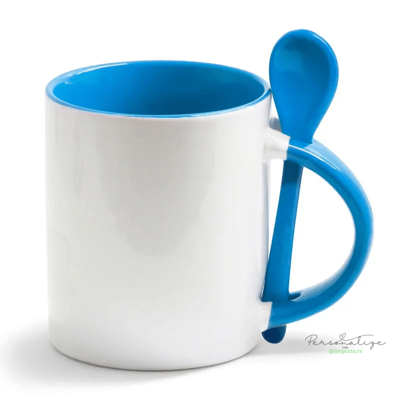 Caneca de Cerâmica Reta Alça Colher Interior Azul 325ml lovprata