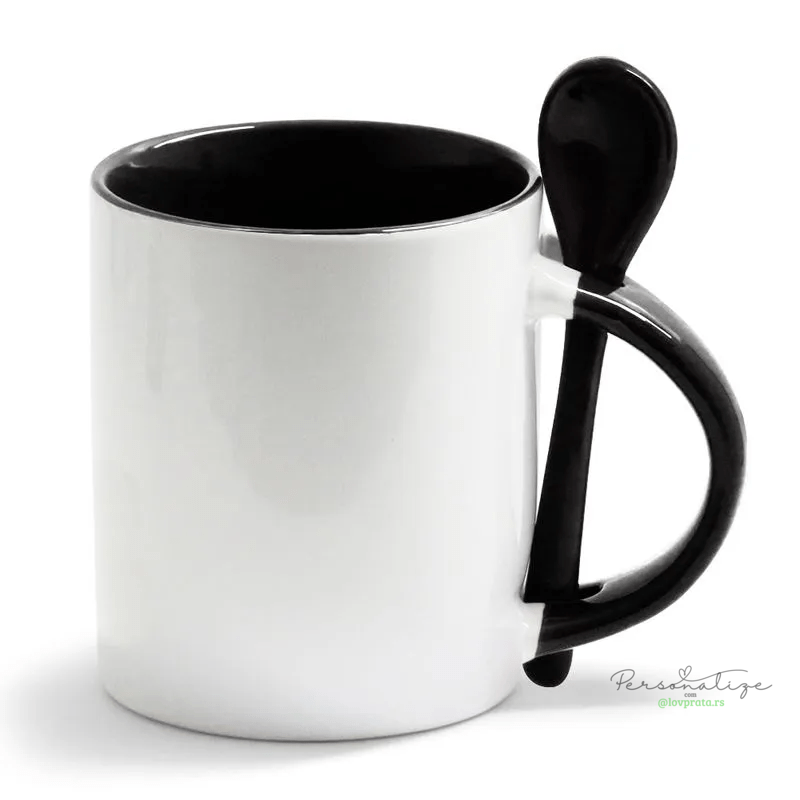 Caneca de Cerâmica Reta Alça Colher Interior Preto 325ml lovprata
