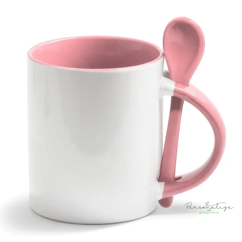 Caneca de Cerâmica Reta Alça Colher Interior Rosa 325ml lovprata