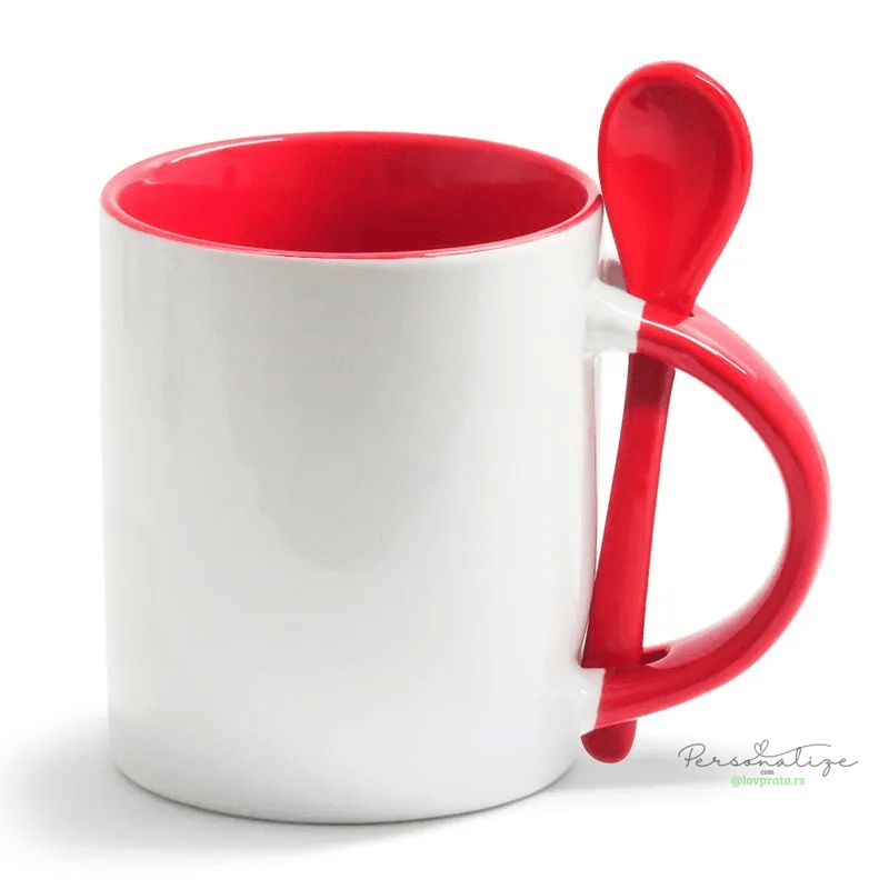 Caneca de Cerâmica Reta Alça Colher Interior Vermelho 325ml lovprata