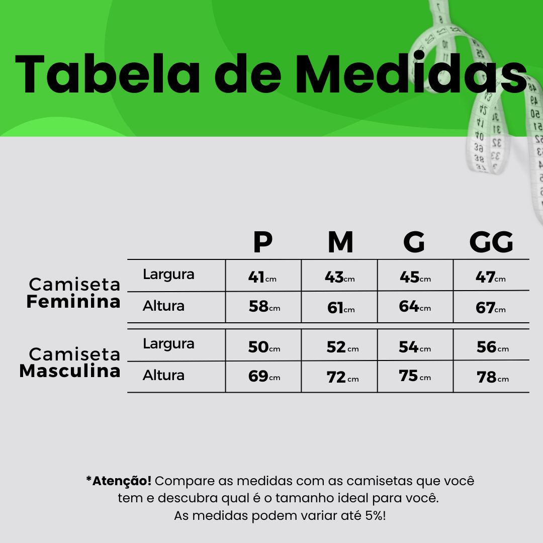 Tabela de Medidas Camisetas Algodão
