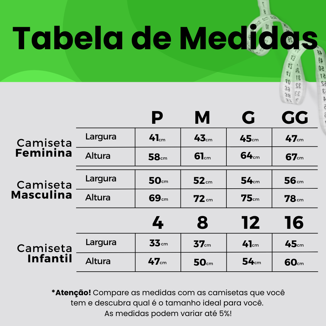 Tabela de Medidas Camisetas Poliéster